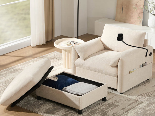 English Elm 37" Oversized Chenille Armchair with Ottoman Usb Charging Pocket Spring Living Room Beige N723P387145A