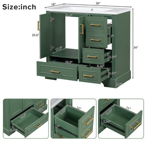 English Elm 36-inch Green Traditional Bathroom Vanity with Resin Sink, 2 Doors 4 Drawers, Gold Handles, Soft-Close hinges, 36"W x 18"D x 34"H SV000026AAF