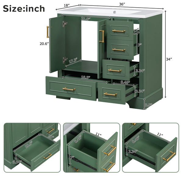 English Elm 36-inch Green Traditional Bathroom Vanity with Resin Sink, 2 Doors 4 Drawers, Gold Handles, Soft-Close hinges, 36"W x 18"D x 34"H SV000026AAF
