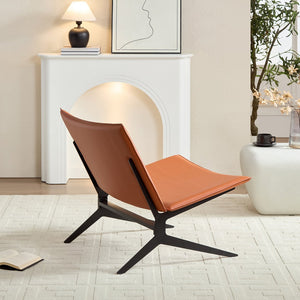 English Elm Modern Saddle Leather Accent Chair Curved Back Matte Iron Legs Compact Seating Orange W2085P399082