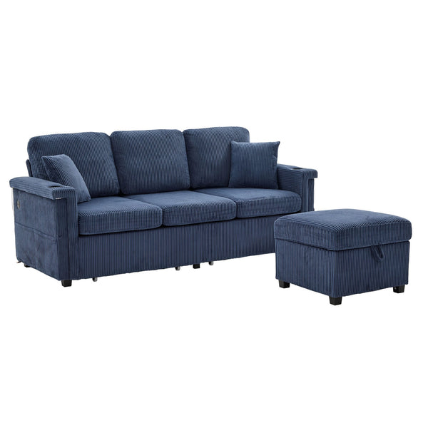 English Elm UNITED Corduroy L-Shaped Sectional Sofa with Storage Ottoman, USB Ports, Cup Holders & LED Lighting Navy W1568P332406