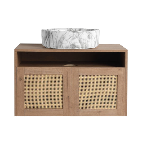 English Elm 30" Wall Mounted Bathroom Vanity Oak Finish Ceramic Art Sink Soft Close Storage W999S00493