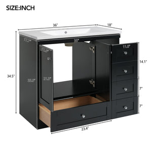 English Elm 36 Inch Shaker Style Free-Standing Bathroom Vanity Cabinet with Resin Sink, Soft-Close Storage Elegance Black SV000021AAB