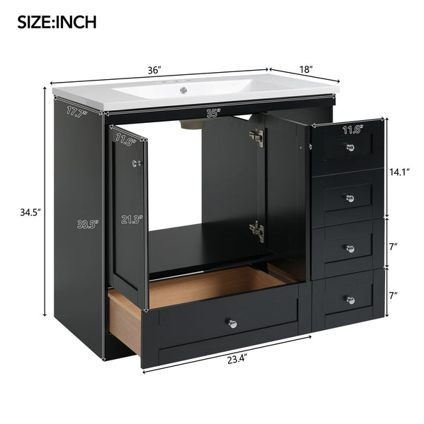English Elm 36 Inch Shaker Style Free-Standing Bathroom Vanity Cabinet with Resin Sink, Soft-Close Storage Elegance Black SV000021AAB