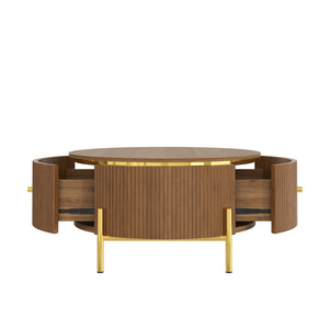 English Elm Modern Round Coffee Table with Gold Legs Two Drawers Brown Mdf Living Room N735P338995D