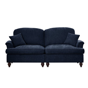 English Elm Elegant Mid Century Two-Seater Sofa Couch With Removable Ruffles, Chenille, Blue Upholstery & Spindle Legs W3041S00252