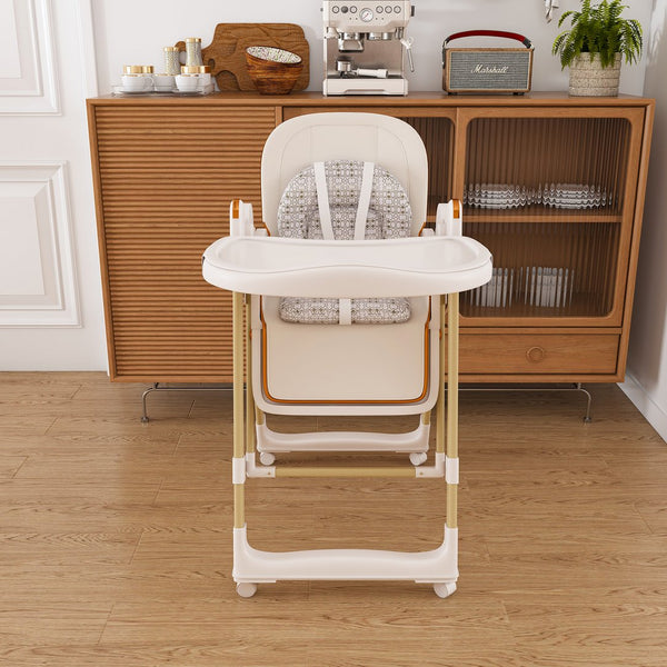 English Elm Convertible Baby High Chair to Rocker with 5-Point Harness, Foldable Feeding Seat, Quiet Wheels, Easy-Clean Tray and Adjustable Recline for Infants and Toddlers White W2699P371974
