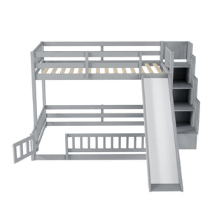 English Elm Twin Over Full Bunk Bed Solid Pine Frame with Built-in Slide and Storage Staircase Grey W504S00289