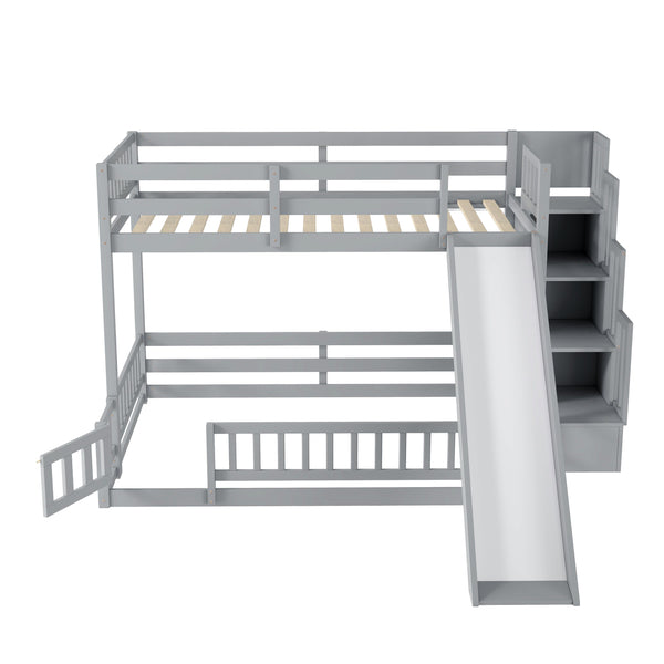 English Elm Twin Over Full Bunk Bed Solid Pine Frame with Built-in Slide and Storage Staircase Grey W504S00289