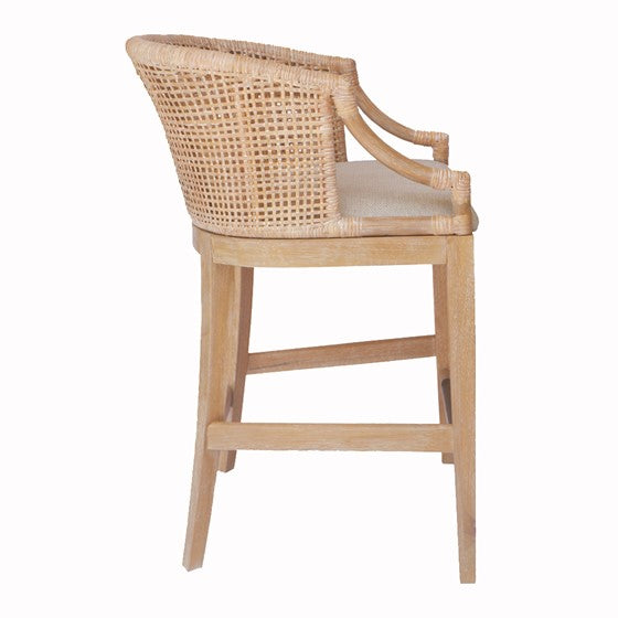 English Elm Handcrafted Playa Rattan Counter Stool 25" H — Natural Whitewash Back, Linen Cushion, Antique Bronze Guard B035129478