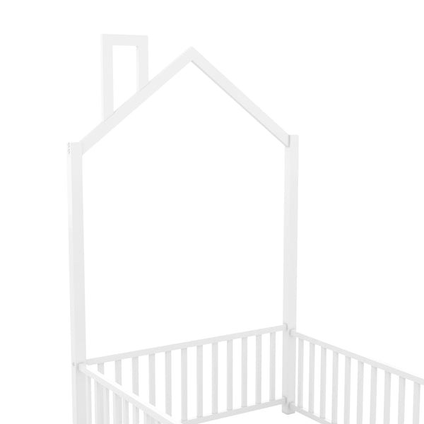 English Elm Twin House Metal Platform Bed with Guardrail & Chimney, White — Kids Playful Frame, Safe Sleep Design N709P203151K