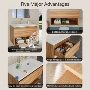 English Elm 30 Inch Floating Bathroom Vanity Fluted Wood Grain Front with Ceramic Integrated Sink W3520S00042