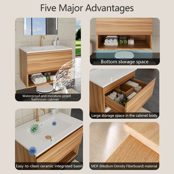 English Elm 30inch Floating Bathroom Vanity Wall Mounted Cabinet with Drawer Storage No Basin W3520P392830