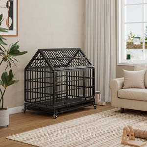 English Elm 48 Inch Pointed Roof Metal Dog Crate Folding Steel Kennel with Wheels and Slide Trays W347P431440