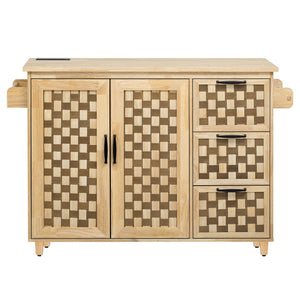 English Elm K&K Vintage Woven Checkerboard Kitchen Island 53.2" with Drop Leaf, Power Outlet, 5 Wheels, Storage N707P215328Y