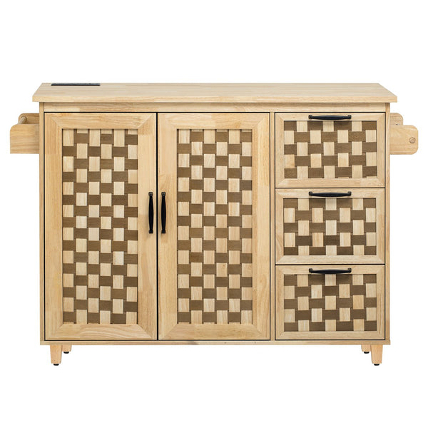 English Elm K&K Vintage Woven Checkerboard Kitchen Island 53.2" with Drop Leaf, Power Outlet, 5 Wheels, Storage N707P215328Y