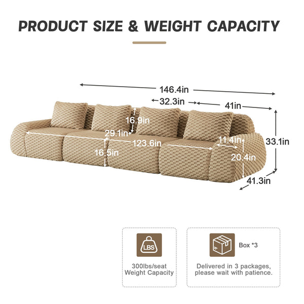 English Elm 146" Modular Flannelette Sectional Sofa Deep Seat Four Piece Living Room Couch Light Camel W714S01514
