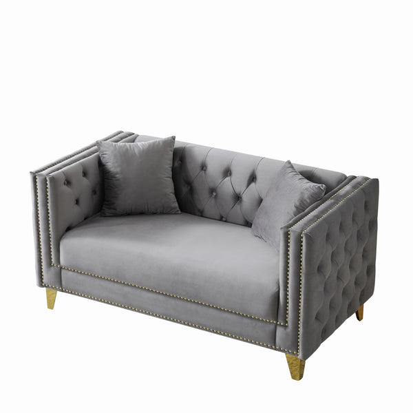 English Elm 58"Chesterfield Velvet Sofa Elegant Tufted 2-Seater Deep Seat with Nailhead Trim Solid Wood Frame Grey W3373S00029
