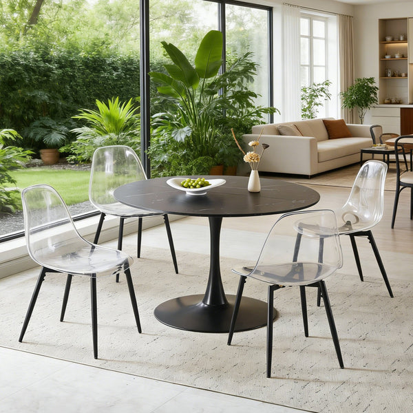 English Elm 42.1" Round Marble Look Pedestal Dining Table Mid Century Modern Seats Six Black W234P453954