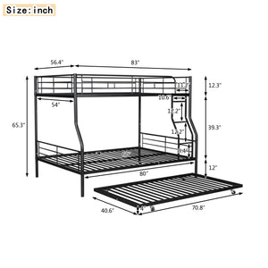 English Elm Full Xl Over Queen Iron Bunk Bed with Trundle Three Sleeper Chrome Kids Frame Black LT000259AAB