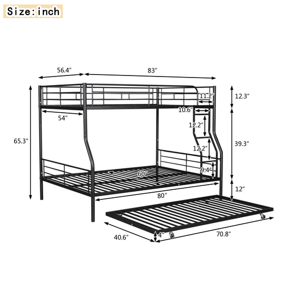 English Elm Full Xl Over Queen Iron Bunk Bed with Trundle Three Sleeper Chrome Kids Frame Black LT000259AAB
