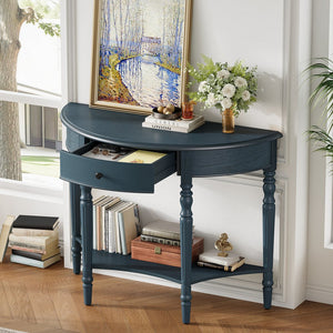 English Elm Trexm Farmhouse Half Moon Entryway Console with Drawer Open Shelf Pine Legs Navy N715P383795M
