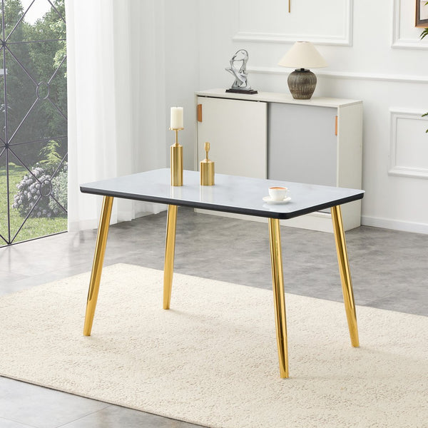 English Elm Modern Marble Look Glass Top Dining Table with Gold Tapered Legs Seats Six W1151S04619