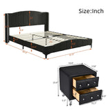 English Elm 3 Pieces Bedroom Set With Queen Size Pu Leather Upholstered Platform Bed and Elegant Pu Nightstand With 2 Drawers , Black