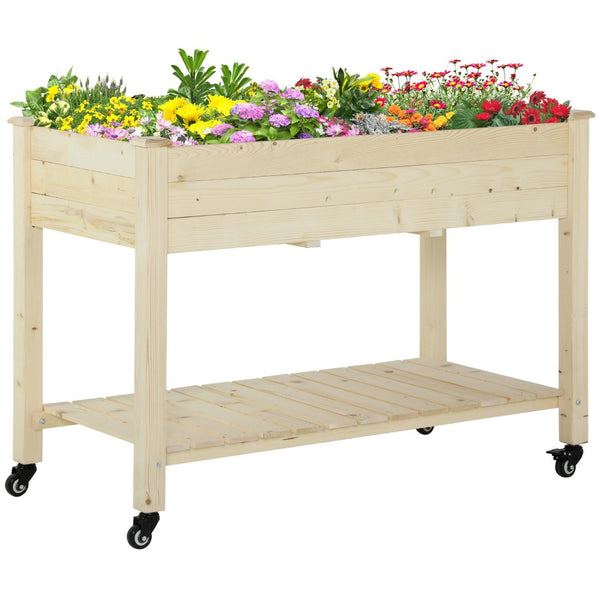 English Elm Outsunny Elevated Garden Bed With Lockable Wheels, Storage Shelf & Drainage For Small Spaces Gardening W2225P200902-GIGA