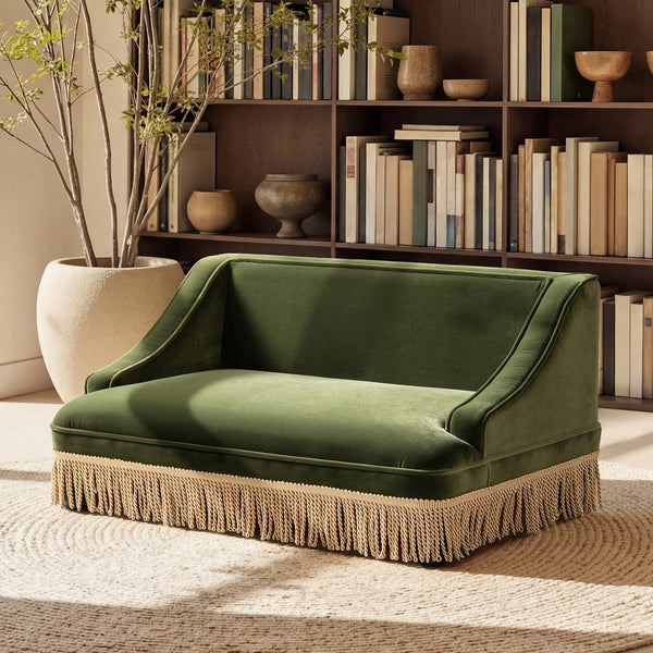 English Elm Duchess Regency Tufted Pet Sofa with Fringe Skirt Velvet Upholstery for Small Dogs Olive Green B2719P479031