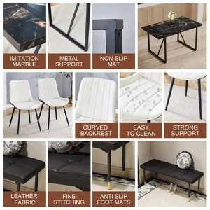 English Elm Table Modern Black Marble Pattern Dining Set - 6-Piece With Pu Chairs & Bench For Elegant Dining W1151S03579-GIGA