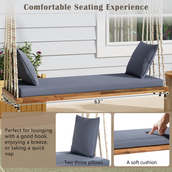 English Elm TOPMAX Acacia Wood Patio Swing Chair with Cushion & Pillows, 63" Comfortable Seat, 400lb Capacity Natural N717P210136N