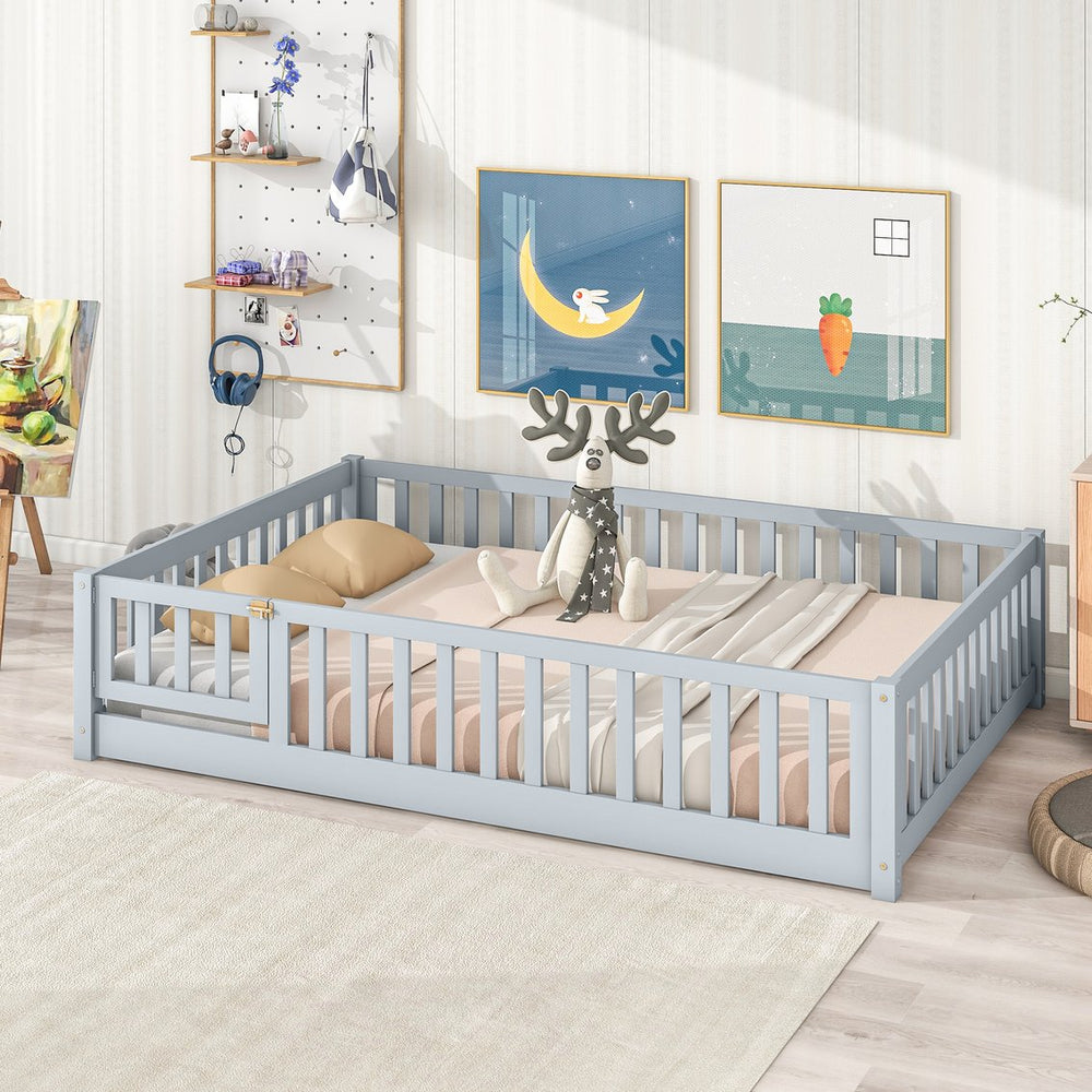 English Elm Twin Solid Rubberwood Floor Bed with Full Perimeter Safety Rails for Toddler Rooms Grey W504P296784