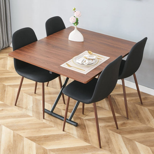 English Elm Table And Chair Set - Modern Adjustable Lift-Top Design, Walnut Mdf With Black Metal Legs & 4 Chairs W1151S03776-GIGA