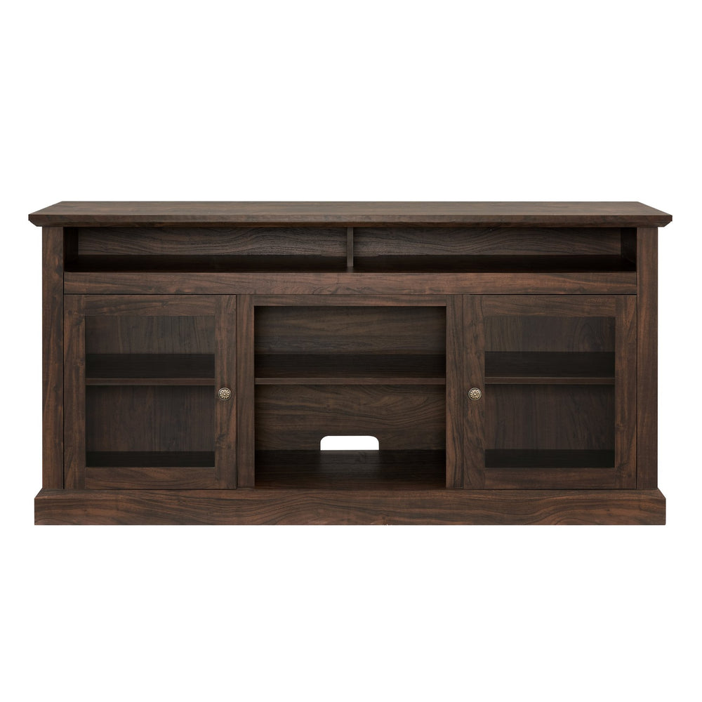 English Elm Modern TV Stand 60" Brown Entertainment Center for TVs up to 65" with Glass Doors, 3 Adjustable Shelves, Cable Management and Durable MDF Construction W2275P210030