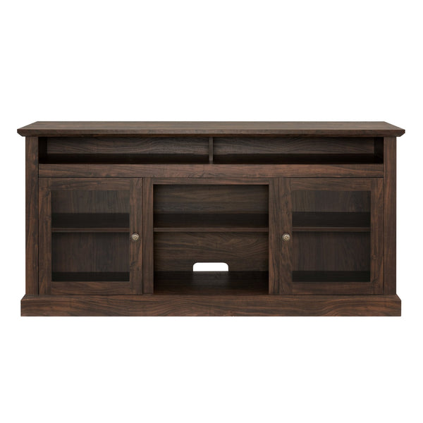English Elm Modern TV Stand 60" Brown Entertainment Center for TVs up to 65" with Glass Doors, 3 Adjustable Shelves, Cable Management and Durable MDF Construction W2275P210030
