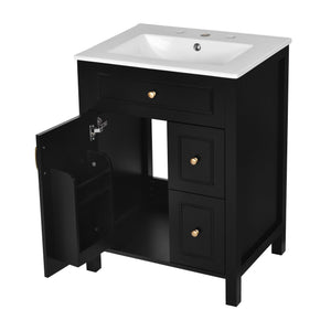English Elm 24-Inch Bathroom Vanity with Ceramic Sink, Soft-Close Door & Drawers, Gold Handles, Durable Wood Elegance Black N729P192078B