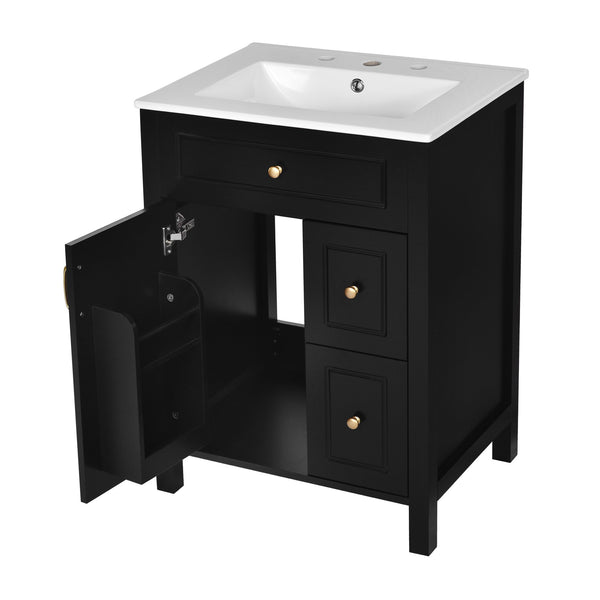 English Elm 24-Inch Bathroom Vanity with Ceramic Sink, Soft-Close Door & Drawers, Gold Handles, Durable Wood Elegance Black N729P192078B