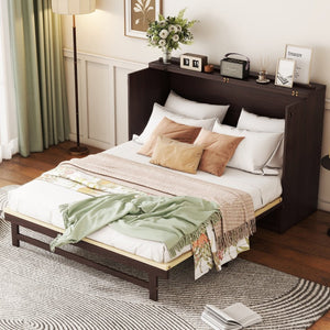 English Elm Queen Size Murphy Bed - Elegant Pine Cabinet With Rattan Accents, Espresso Finish & Storage Drawer W504S00230-GIGA