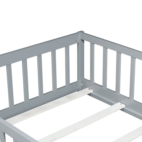 English Elm Twin Low Profile Rubberwood Floor Bed with Full Safety Fence for Toddler Rooms Grey W504P429333