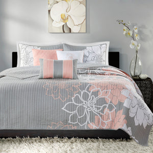 English Elm 6 Piece Madison Park Lola Reversible Cotton Quilt Set Full/Queen Grey Peach Floral OEKO-TEX Certified Elegance B03597570