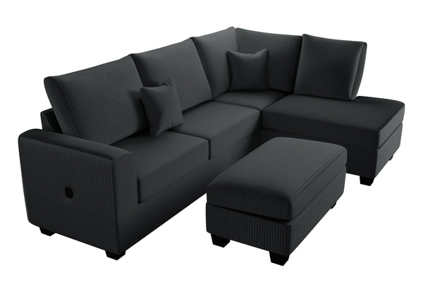 English Elm Modern Corduroy 3 Piece Sectional with Usb Charging Port and Storage Ottoman B011S02185