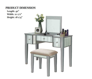English Elm Transitional Glam Mirrored Vanity with Padded Stool, Spacious Drawers, Central Mirror for Prep and Storage Silver 50 L x 31 W x 16 H B2741P400801
