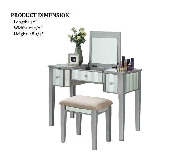 English Elm Transitional Glam Mirrored Vanity with Padded Stool, Spacious Drawers, Central Mirror for Prep and Storage Silver 50 L x 31 W x 16 H B2741P400801