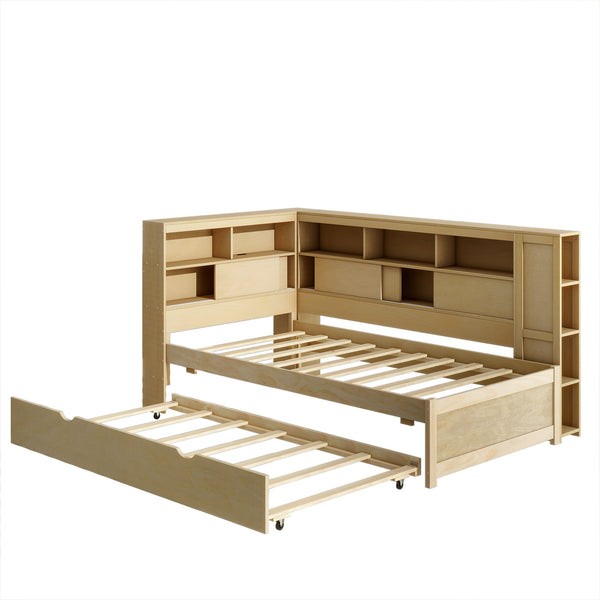 English Elm Twin Daybed with Built-In Shelves, USB Port & Trundle — Solid Pine Frame, Sturdy Storage and Smooth Wheels for Space-Saving Sleep Solutions Natural GX000467AAN