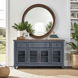 English Elm Americana Distressed Blue Buffet Cabinet with Glass Doors and Antique Pewter Hardware B108P411433