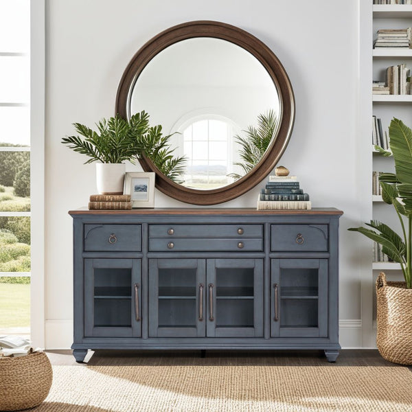 English Elm Americana Distressed Blue Buffet Cabinet with Glass Doors and Antique Pewter Hardware B108P411433