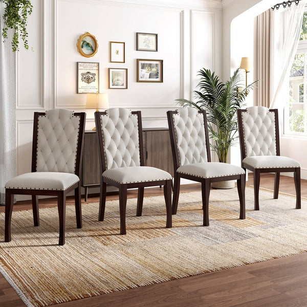 English Elm Upholstered High-Back Dining Chairs Set of 4 with Diamond Tufting, Nailhead Trim & Solid Wood Legs, Durable Comfort for Kitchen, Dining Room, Restaurant Seating Beige,Espresso N752P331360P