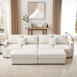 English Elm 123.2" Modern Style 4-Seater Sofa Sectional Sofa Couch With Storage Space, Two Movable Ottomans, Two Usb Ports, Two Cup Holders, A Phone Holder For Living Room, Beige