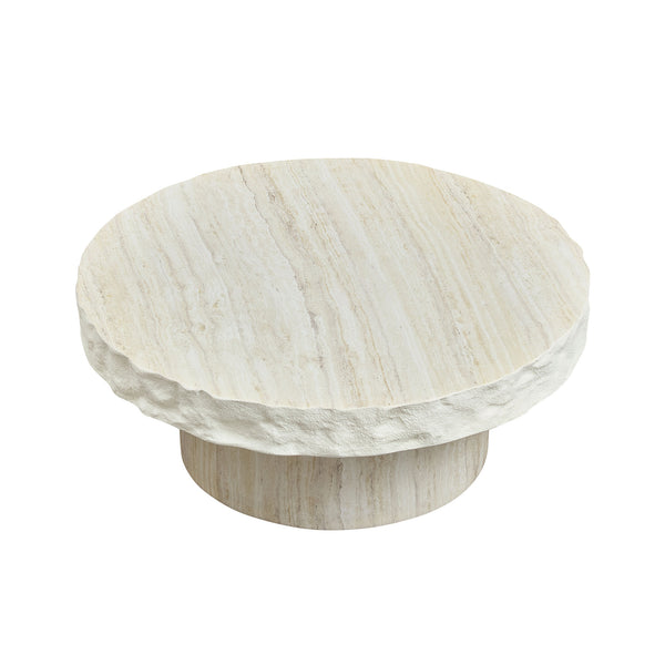 English Elm 31.69 Inch Round Fiberglass Coffee Table Sculptural Stone Finish for Modern Living Room W876P450501